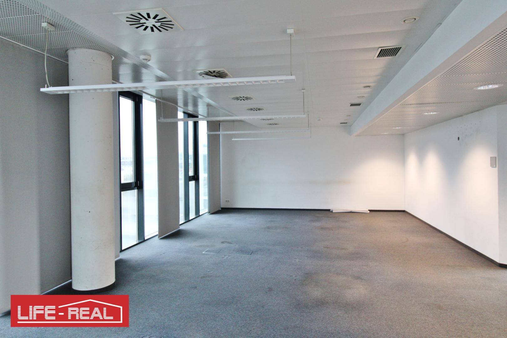 Weitläufiges, leeres Büro mit Säulen, großen Fenstern und Teppichboden, ideal für flexible Arbeitsplatzgestaltung.