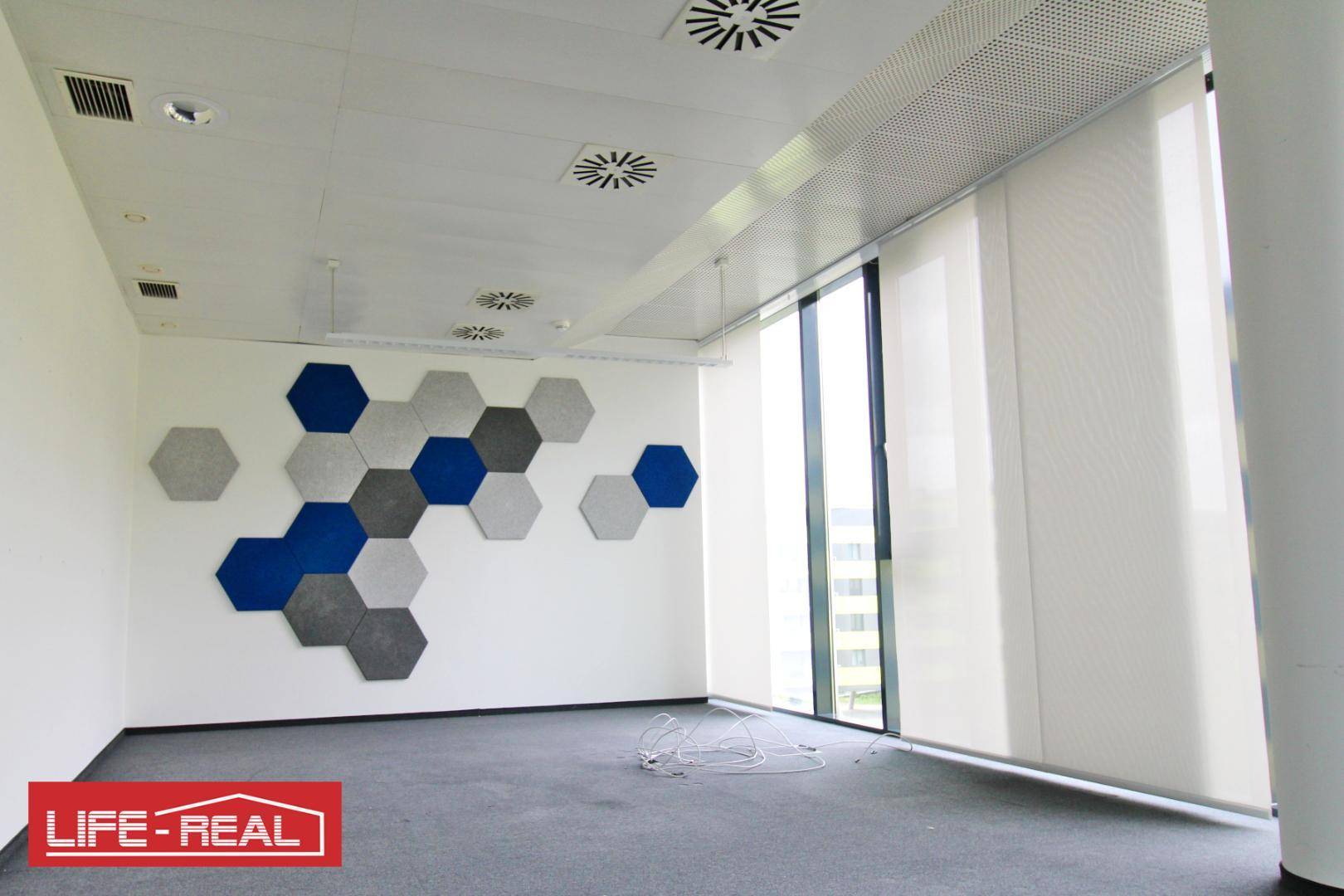 Modernes Büro mit Teppichboden, großen Fenstern und dekorativen Akustikpaneelen an der Wand für verbesserte Raumakustik.