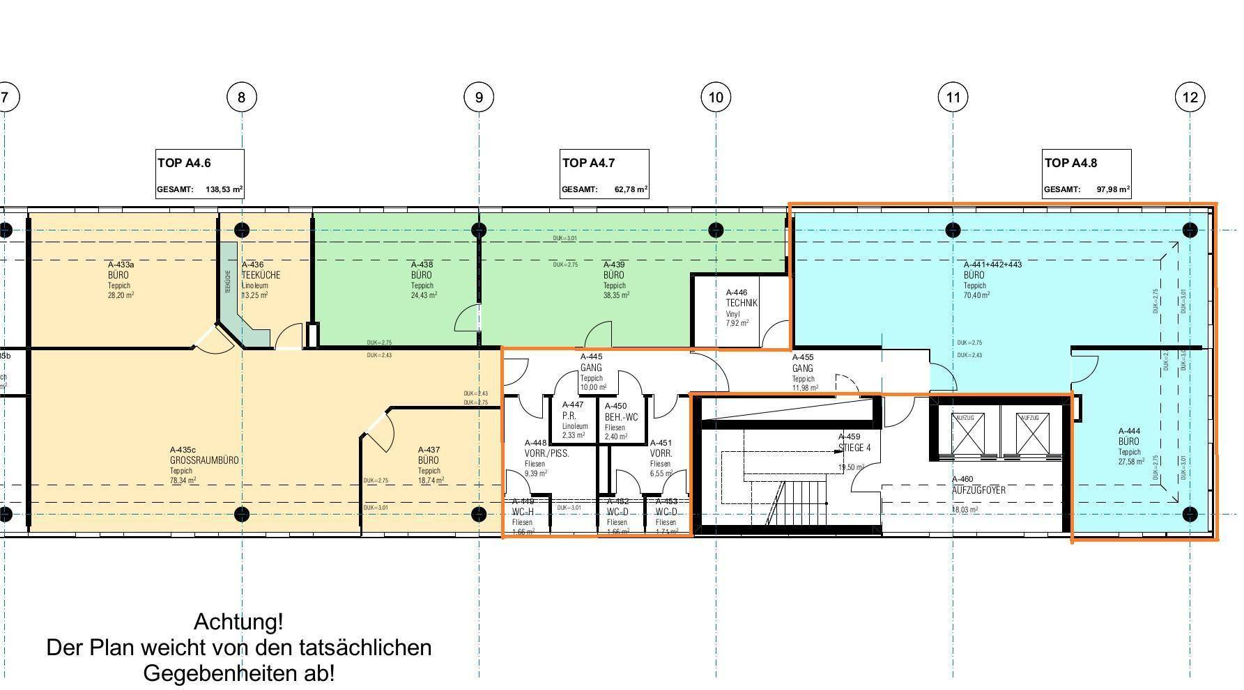 Grundrissplan zeigt mehrere Büroeinheiten mit unterschiedlichen Flächen und Raumaufteilungen auf einer Etage.