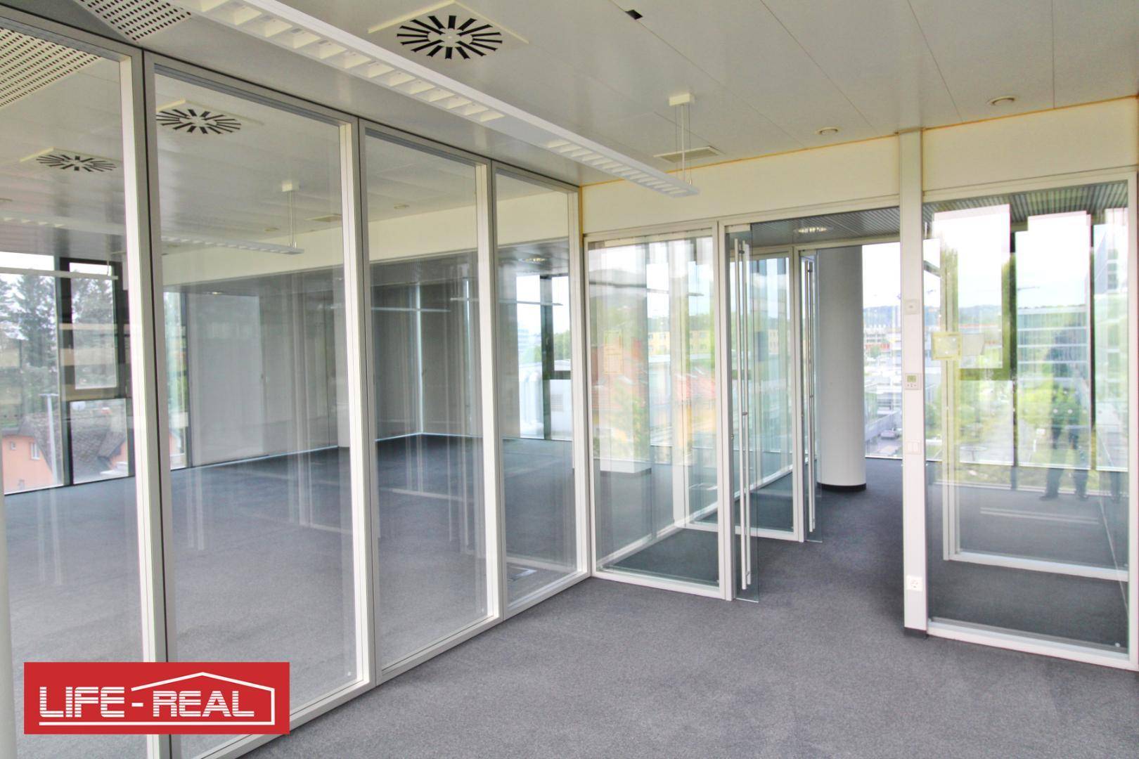 Helles Büro mit Teppichboden und Glaswänden, die eine offene und transparente Arbeitsumgebung ermöglichen.