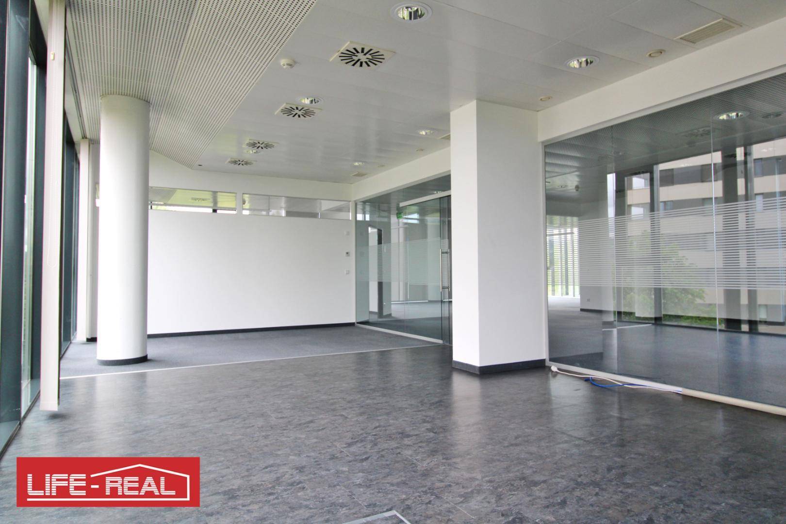 Moderner Bürobereich mit dunklem Boden, Glaswänden und Säulen, der eine professionelle Atmosphäre bietet.