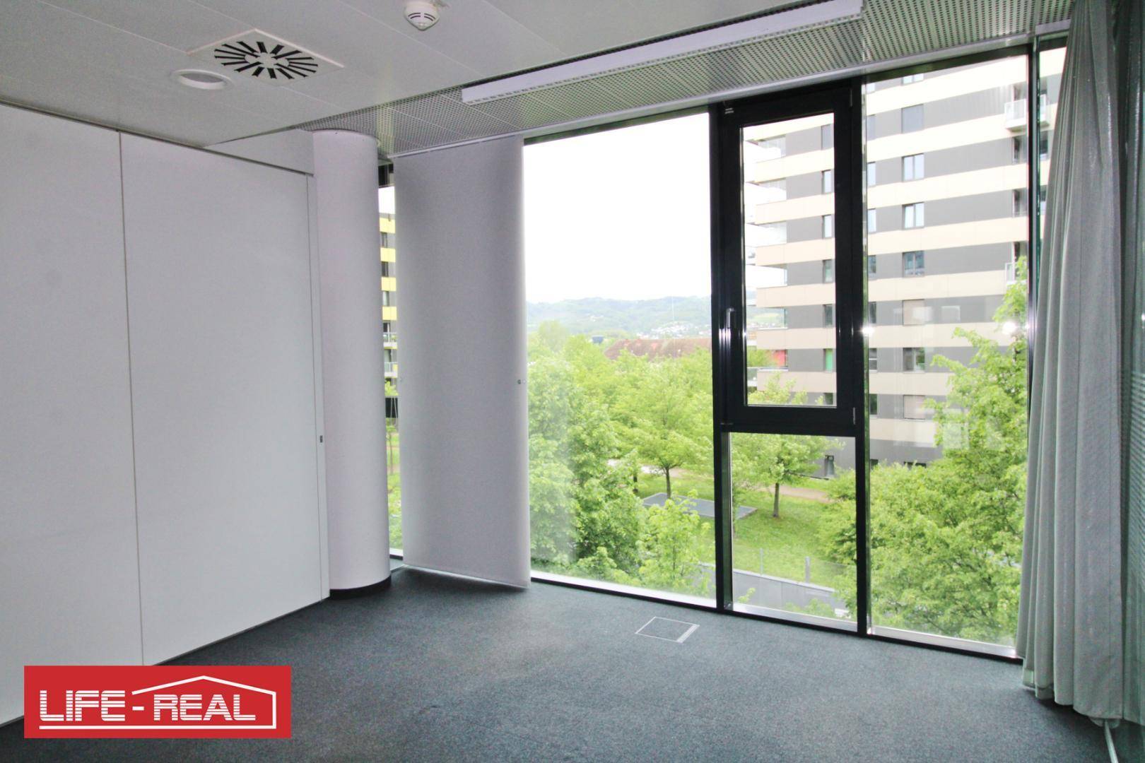 Helles Büro mit Teppichboden, großen Fenstern und Blick auf die umliegenden Gebäude und Bäume.