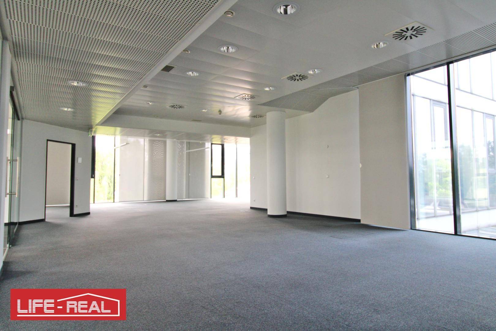 Geräumiges Büro mit Teppichboden, großen Fenstern und Säulen, die dem Raum eine moderne Struktur verleihen.