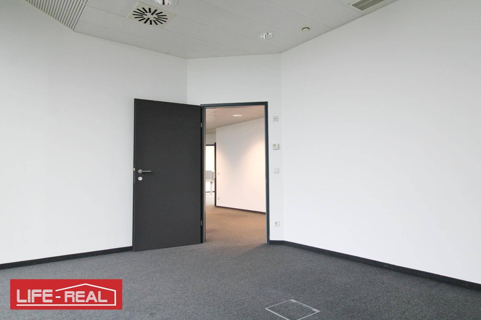 Leeres Büro mit Teppichboden, weißen Wänden und einer offenen Tür zu einem angrenzenden Bereich.