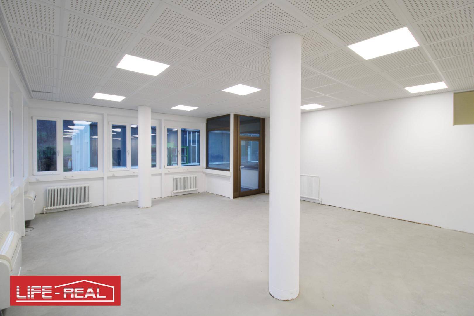 Leerer Büroraum mit einer zentralen Säule, großen Fenstern und einer modernen Glastür, mit Akustikdecke.