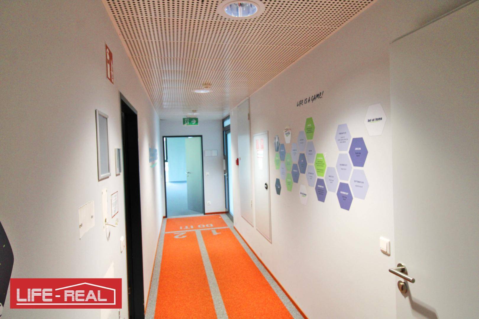 Heller Bürogang mit orangefarbenem Teppich und dekorativen Elementen an der Wand, führt zu Büros.
