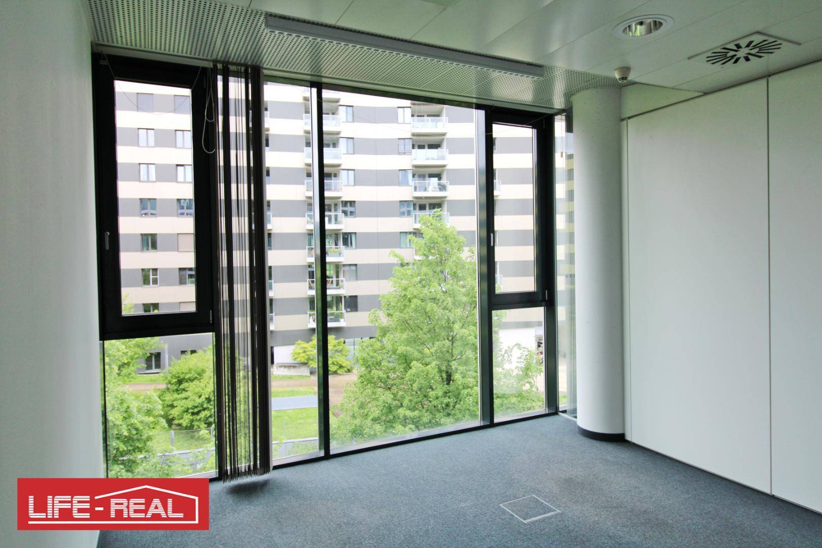 Büroraum mit Teppichboden, großen Fenstern und Blick auf ein modernes Wohngebäude und Bäume.
