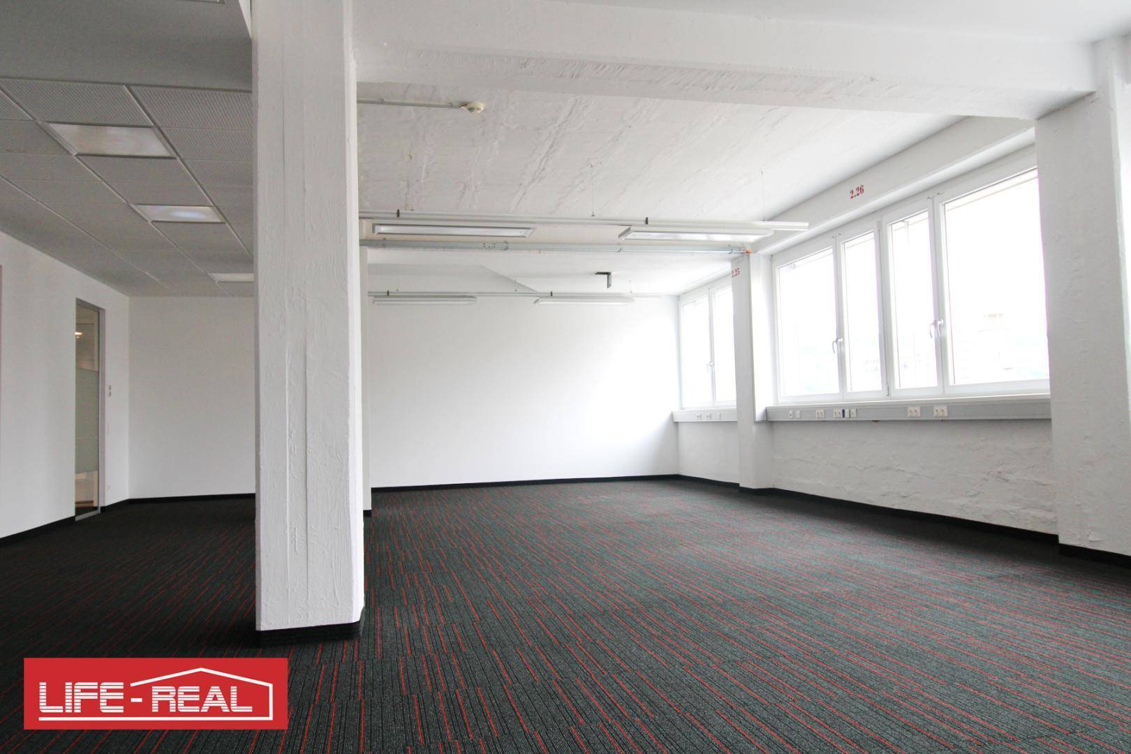Großes, helles Büro mit Teppichboden, hohen Decken und vielen Fenstern, ideal für ein offenes Arbeitskonzept.