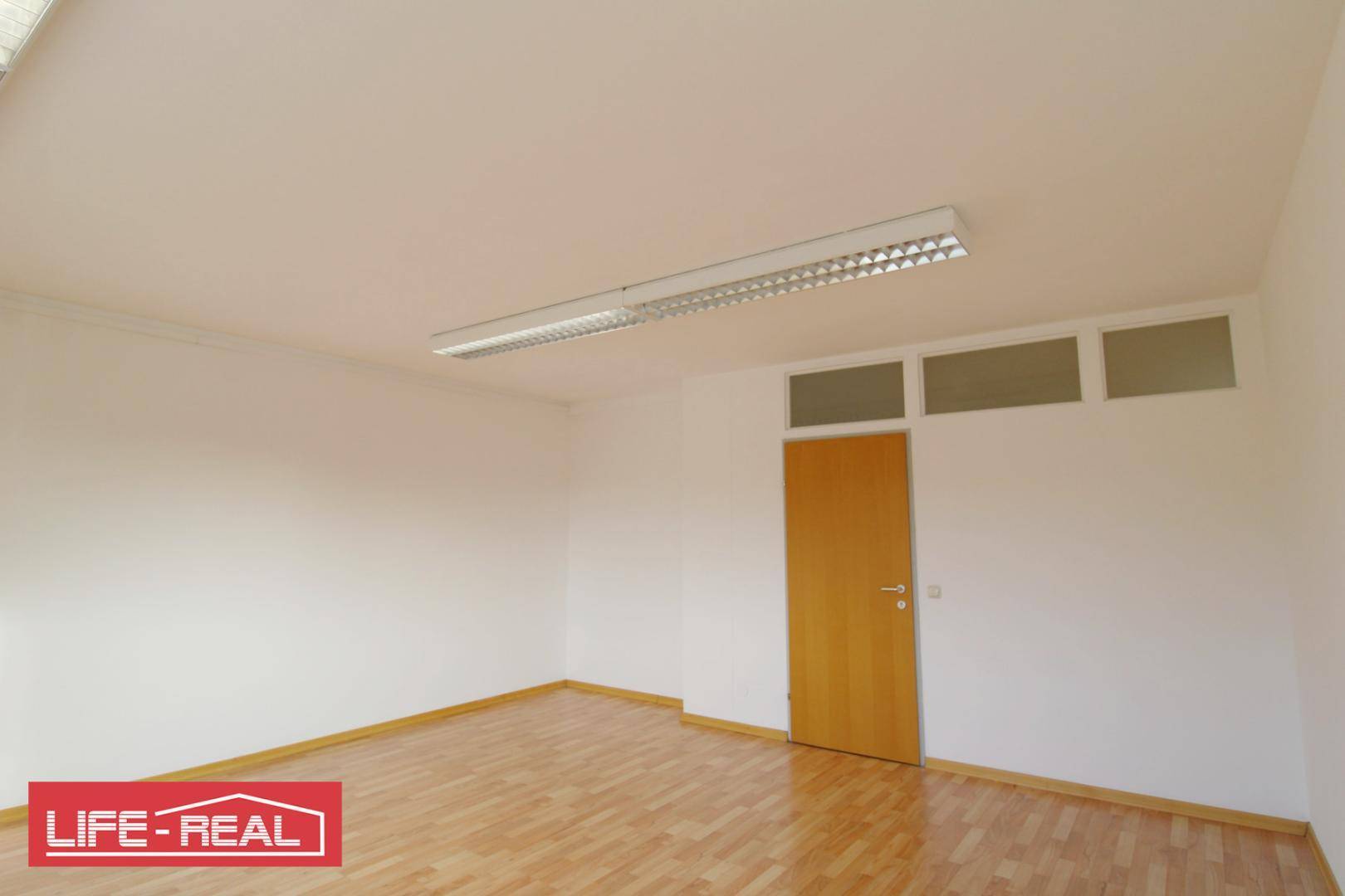Geräumiger Innenraum mit Holztür, Oberlichtern und heller Deckenbeleuchtung, geeignet als Büro.
