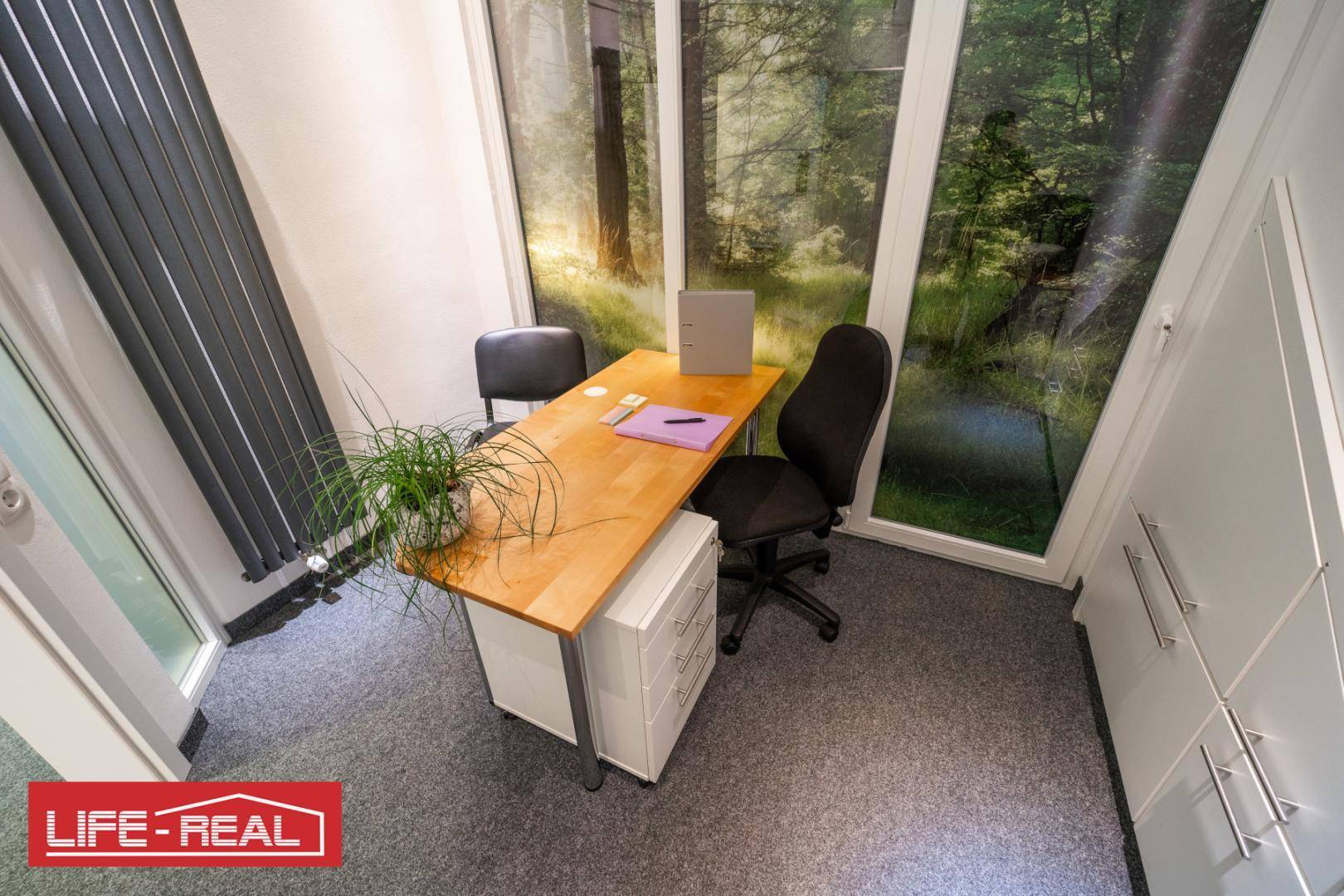 Heller Arbeitsplatz mit Schreibtisch, Bürostuhl und großen Fenstern mit dekorativer Waldblick-Folie.