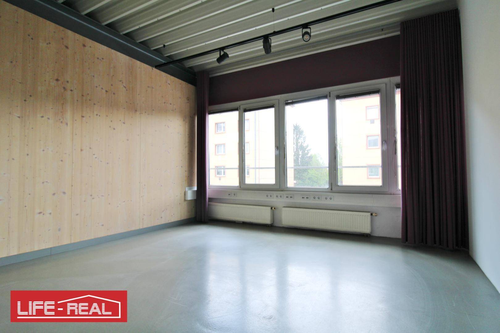 Büroraum mit Holzwandverkleidung, Betonboden und einer Fensterfront mit Blick nach draußen.
