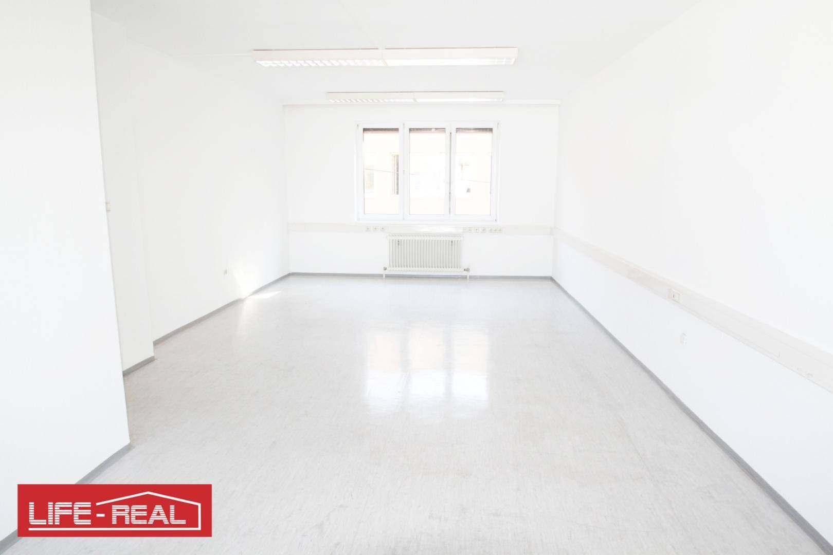 Geräumiger, leerer Raum mit großen Fenstern und Heizkörper, geeignet als Büro oder Arbeitszimmer.