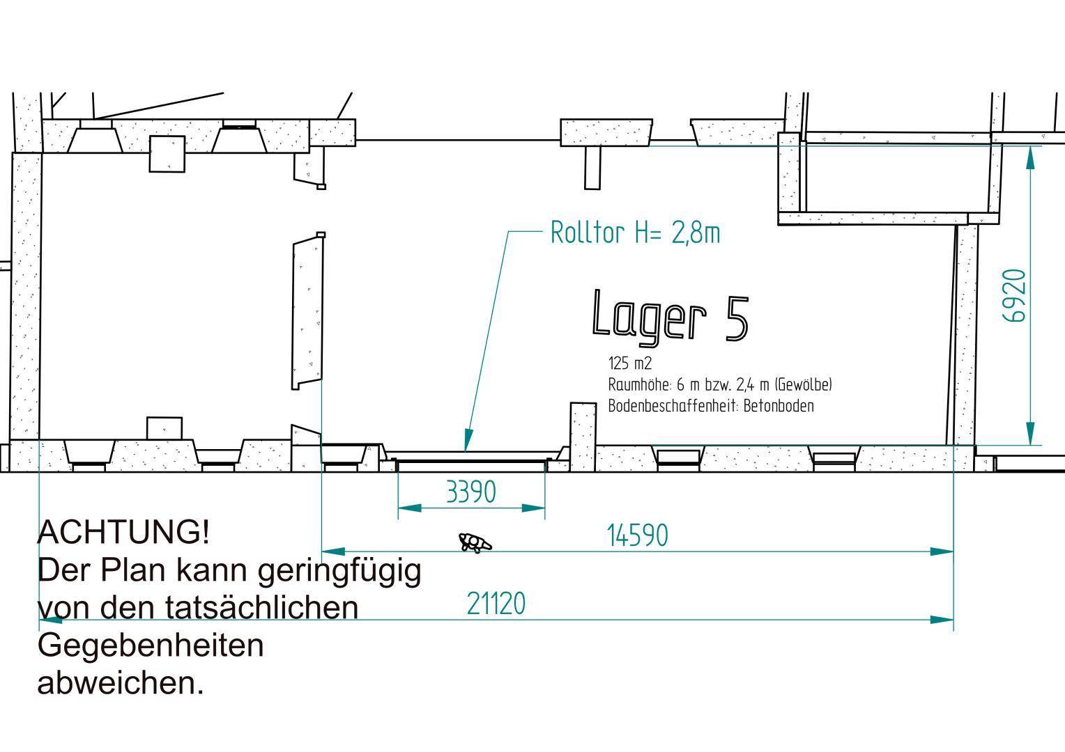 Detaillierter Schnittplan von Lager 5 mit Raumhöhe, Betonboden und einem Rolltor von 2,8m Höhe.