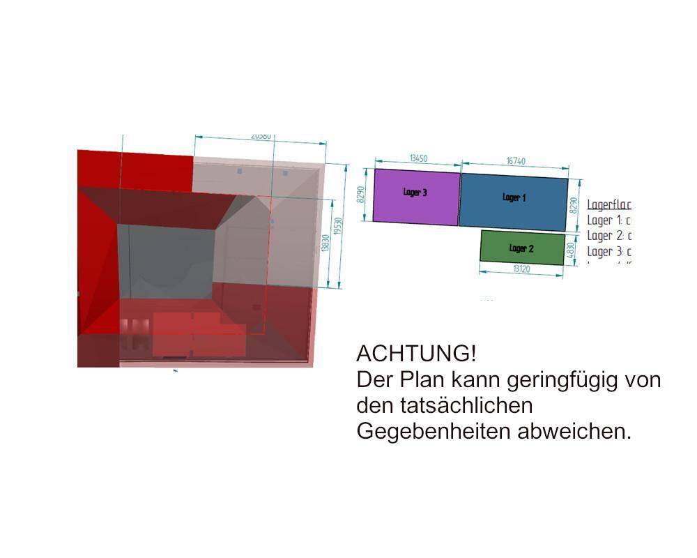 Isometrische Ansicht des Gebäudes mit einem kleinen Grundriss der Lagerflächen im oberen Bereich.