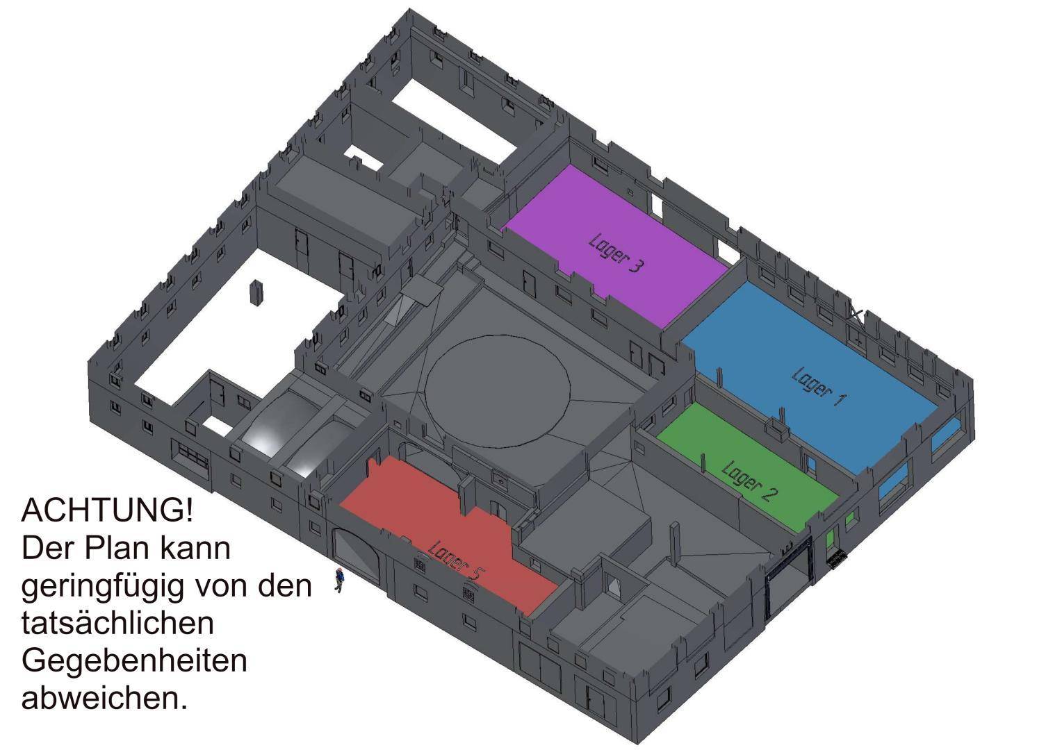 Isometrischer Grundriss zeigt die Aufteilung und farblich markierte Lagerbereiche innerhalb des Gebäudes.
