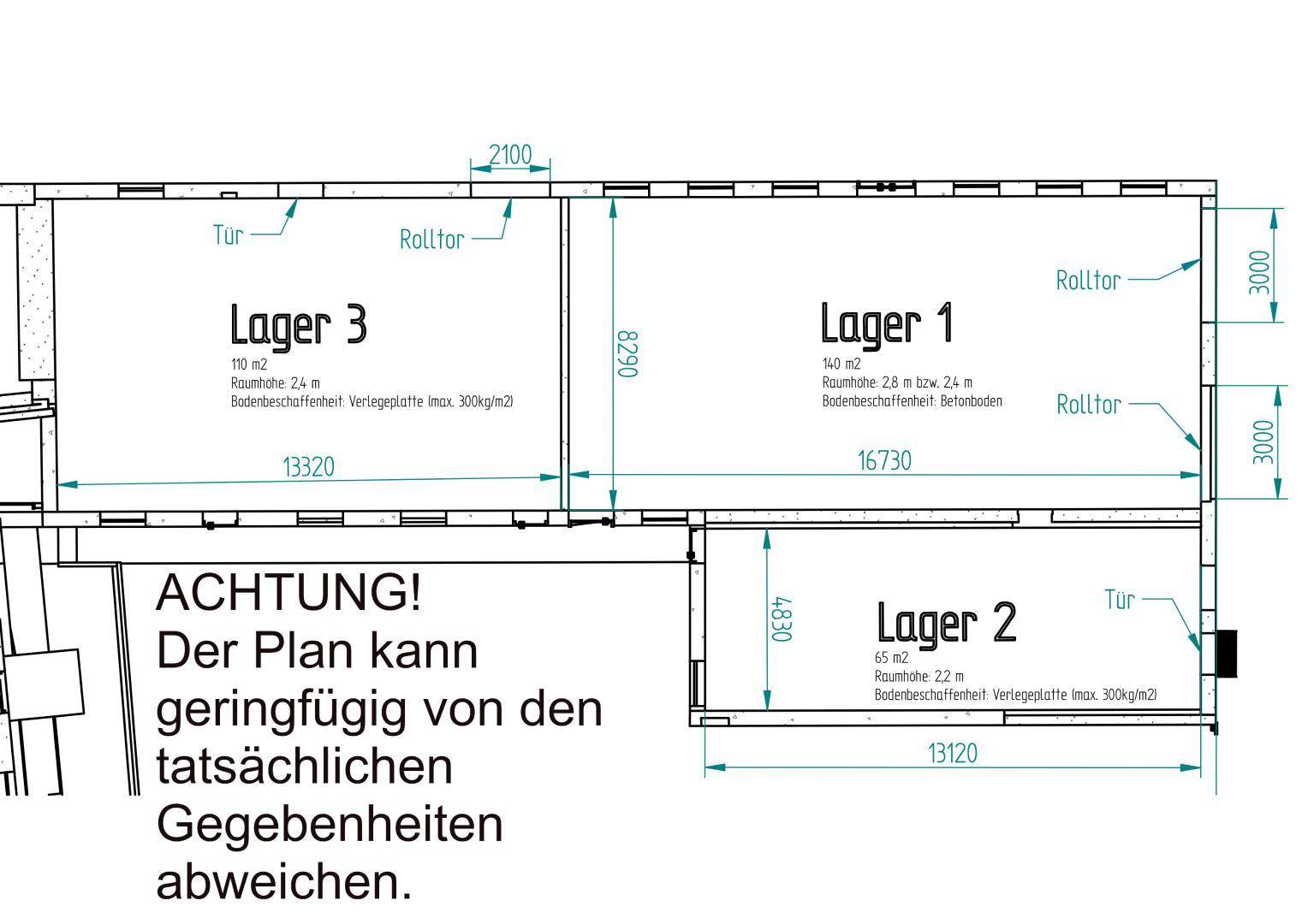 Grundriss der Lagerbereiche 1, 2 und 3 mit Abmessungen, Rolltoren und Angaben zu Bodenbeschaffenheit und Raumhöhen.