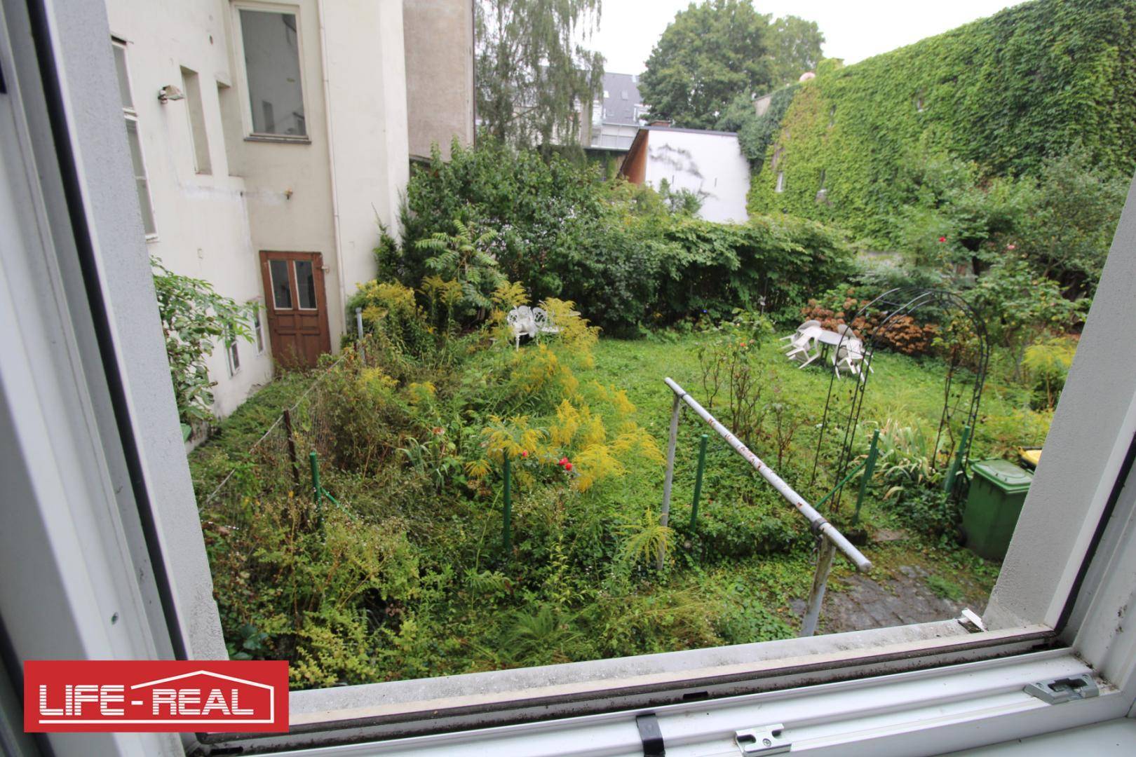 Blick aus dem Fenster auf einen grünen, naturbelassenen Garten mit viel Potenzial zur Gestaltung.