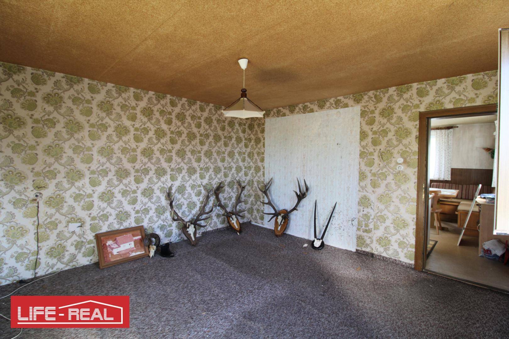 Wohnzimmer mit gemusterter Tapete, Teppichboden und traditionellen Geweihdekorationen an der Wand.