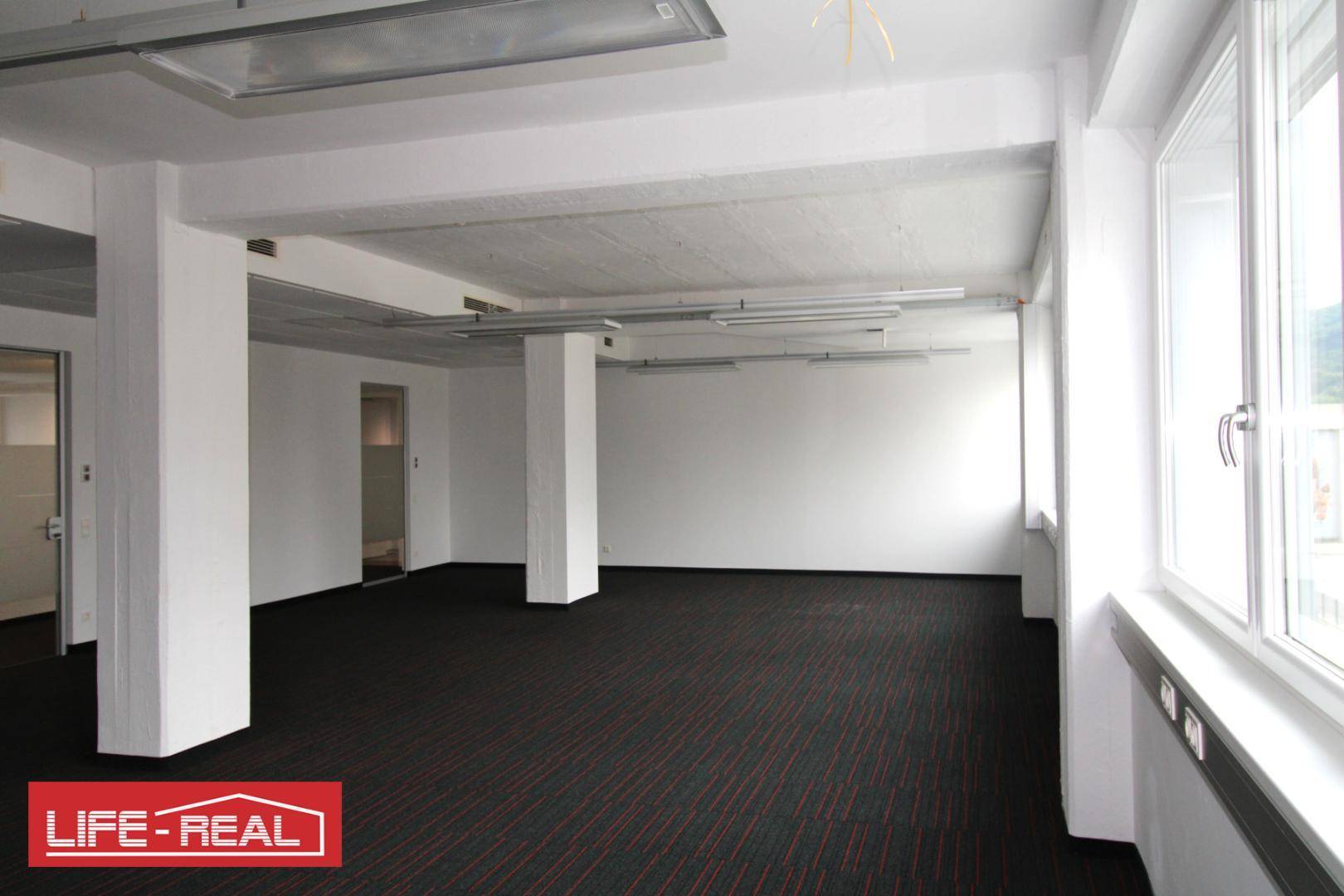 Leerer Büroraum mit dunklem Teppichboden, großen Fenstern und einer unverkleideten Betondecke mit Beleuchtung.