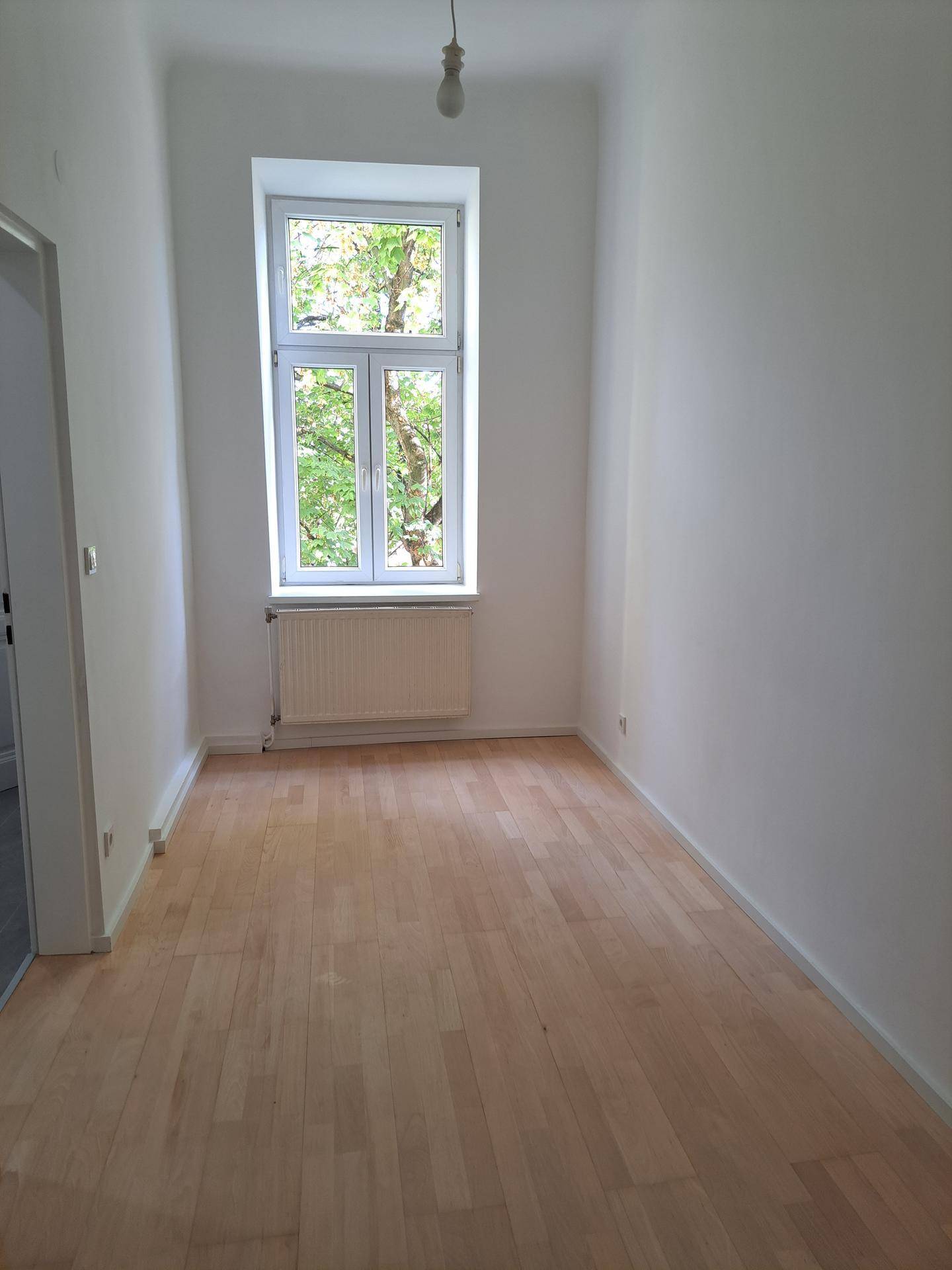 Schmaler Raum mit Parkettboden und einem Fenster, das einen grünen Ausblick auf Bäume bietet.