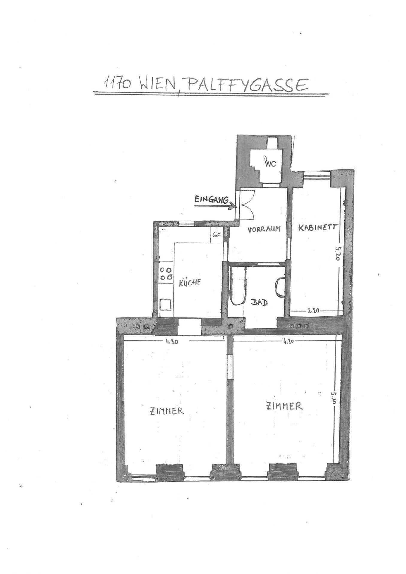 Handgezeichneter Grundriss einer Wohnung in Wien mit Zimmern, Küche, Bad und WC.
