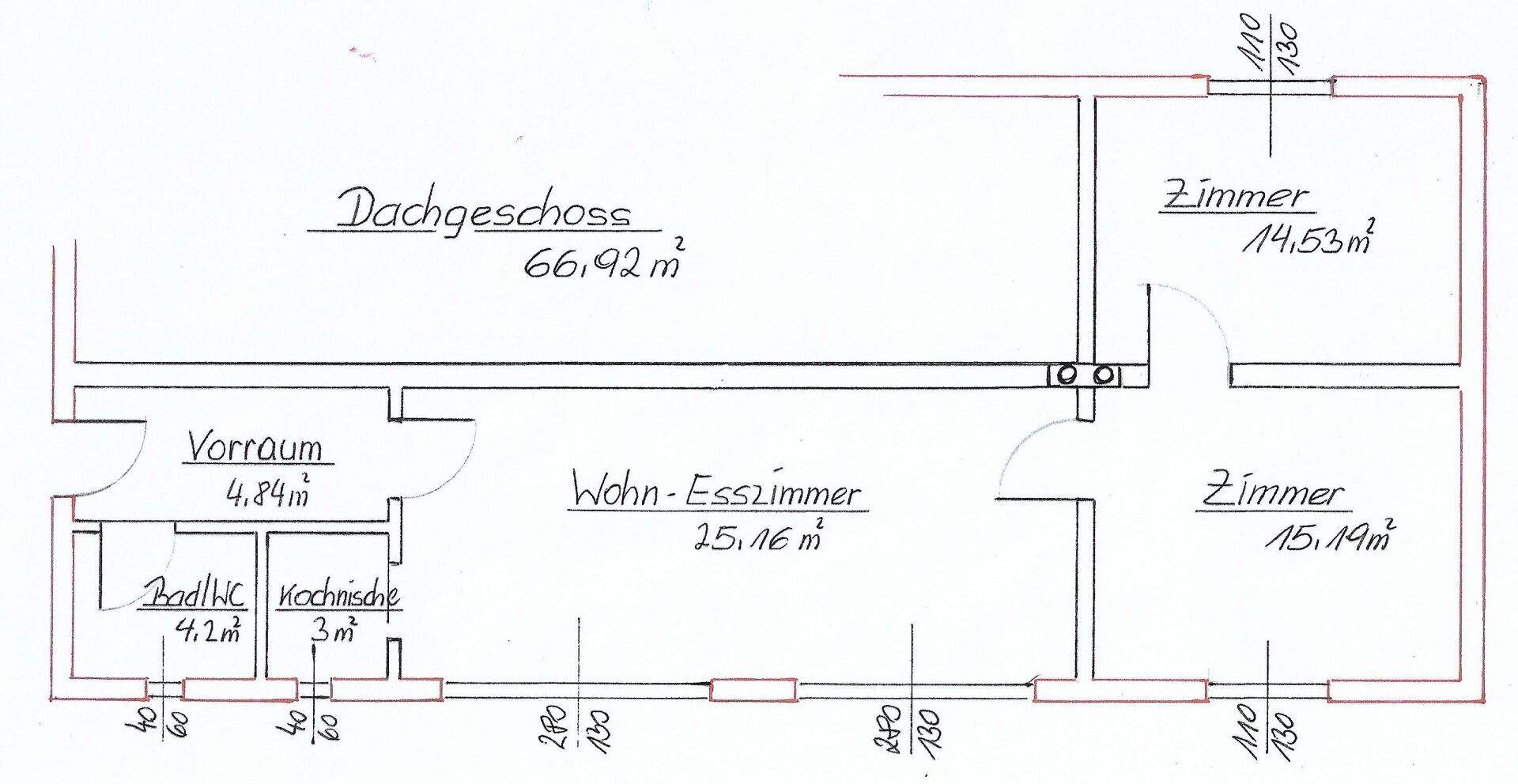 Grundriss des Dachgeschosses mit Wohn-Esszimmer, Kochnische und zwei Zimmern.