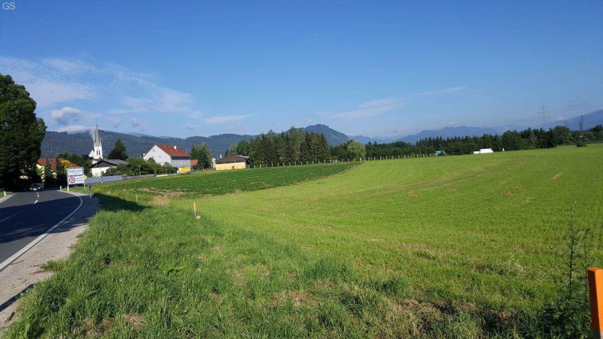 Weitläufige grüne Felder neben einer Straße mit einem Kirchturm und Bergen in der Ferne.
