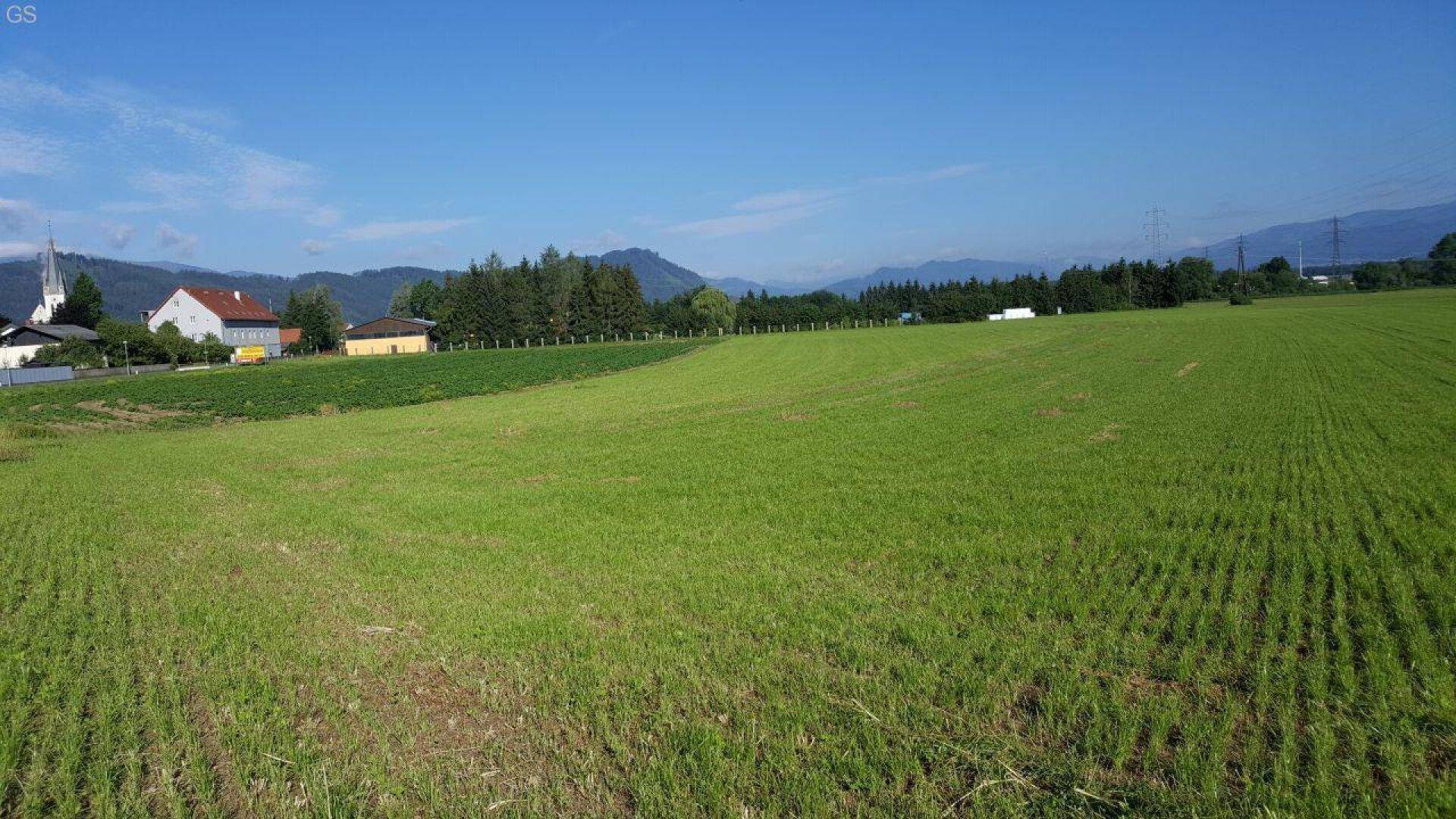 Grüne Ackerflächen mit ländlicher Bebauung und einem Kirchturm vor bewaldeten Bergen.