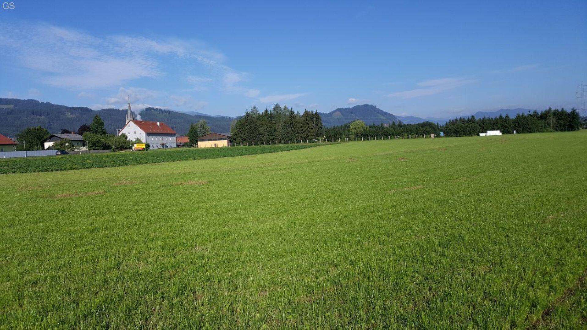 Grüne Wiesen und Felder mit einem Dorf und Kirchturm vor einer Bergkette.