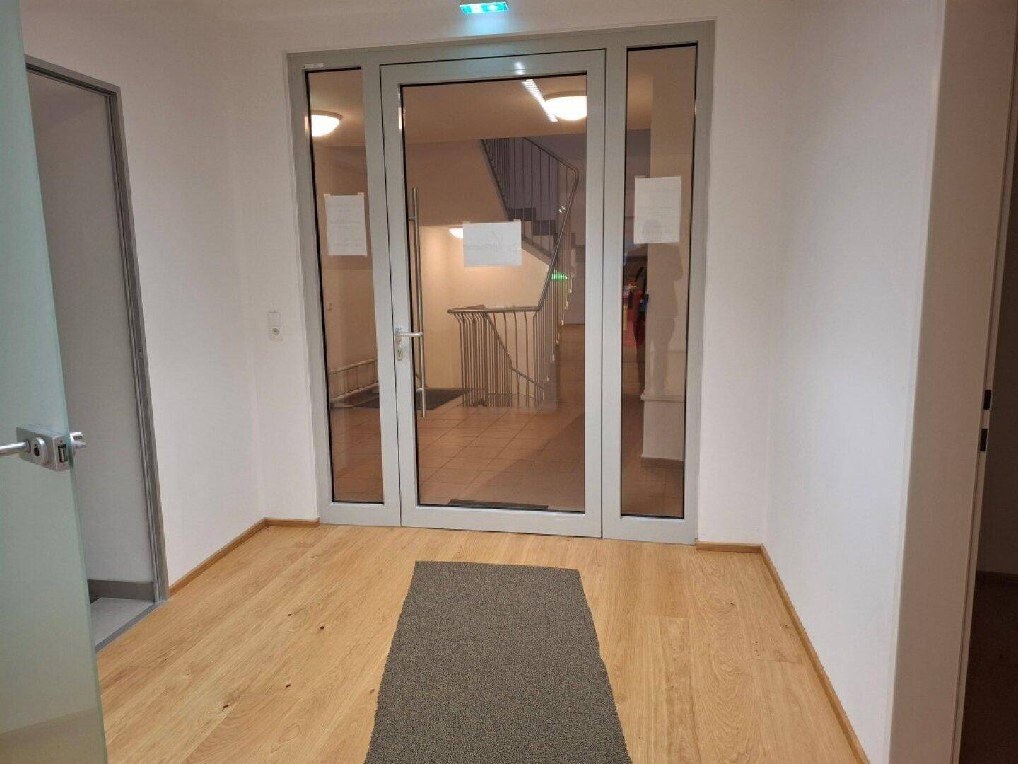 Eingangsbereich mit einer großen Glastür, die zu einem Treppenhaus führt, und Holzboden mit Teppichläufer.