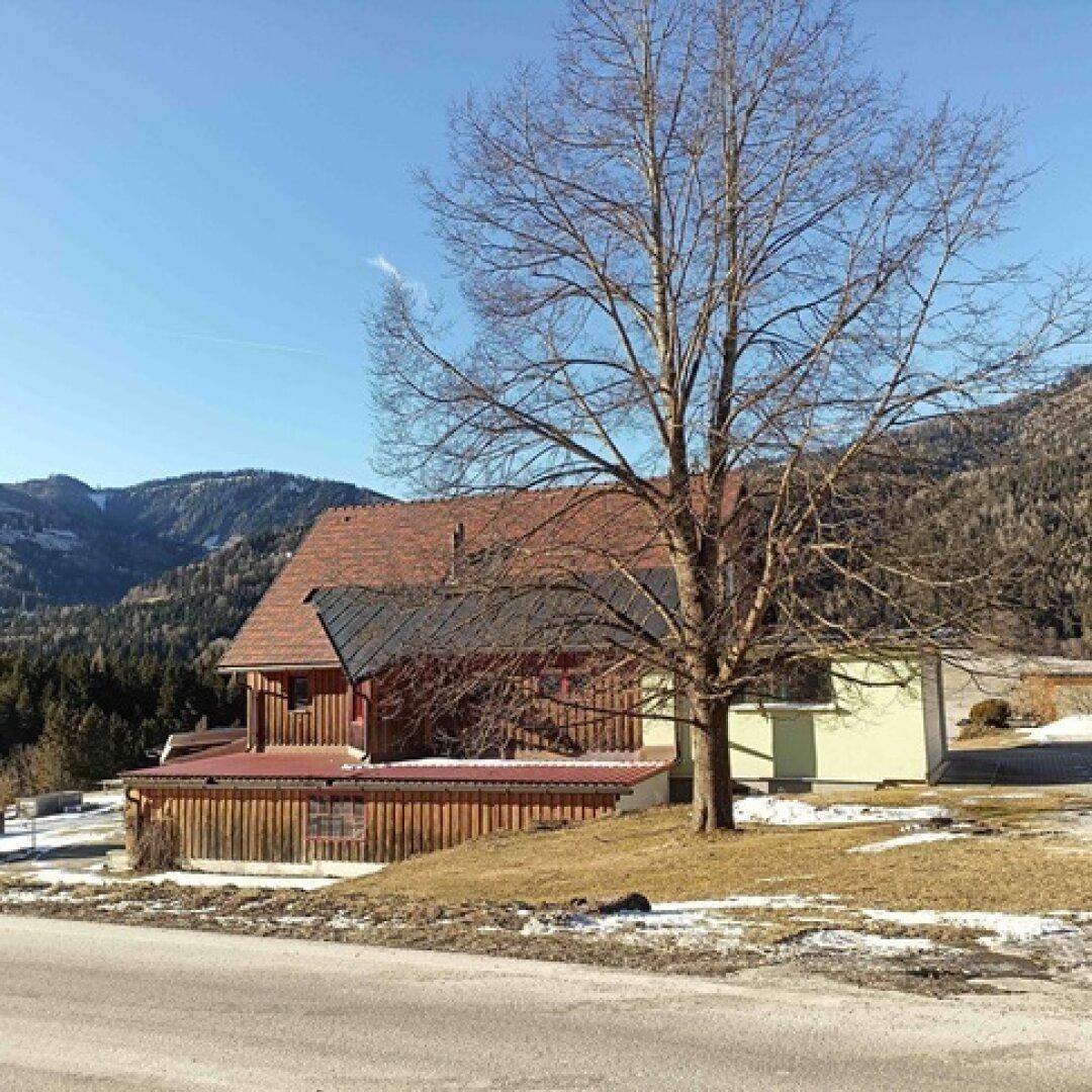Rustikales Haus mit rotem Ziegeldach und kahlem Baum vor einer malerischen Bergkulisse.