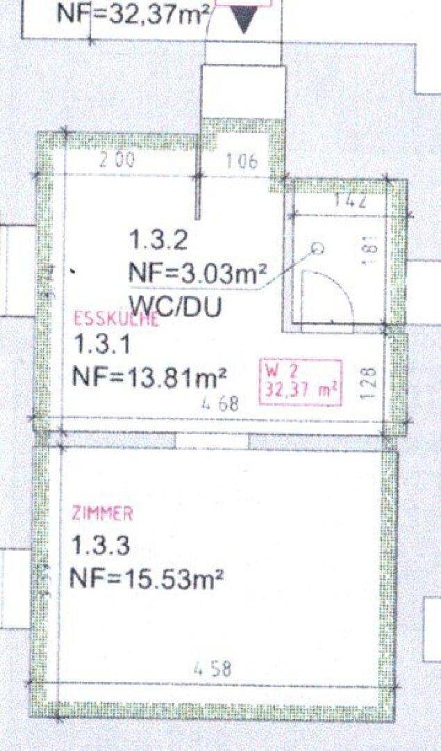 Grundrissplan zeigt die Aufteilung einer Wohnung mit Essküche, WC/Dusche und Zimmer.