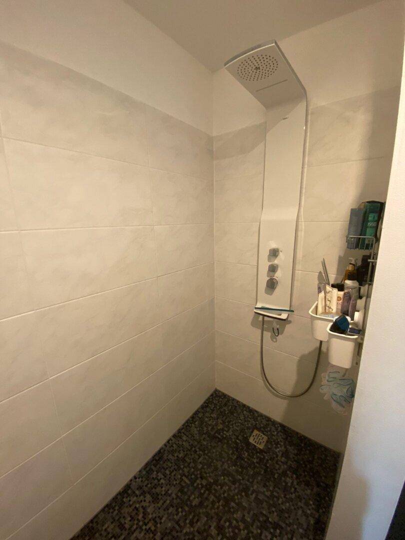 Geräumige Dusche mit modernem Duschpaneel und dunklen Mosaikfliesen am Boden.