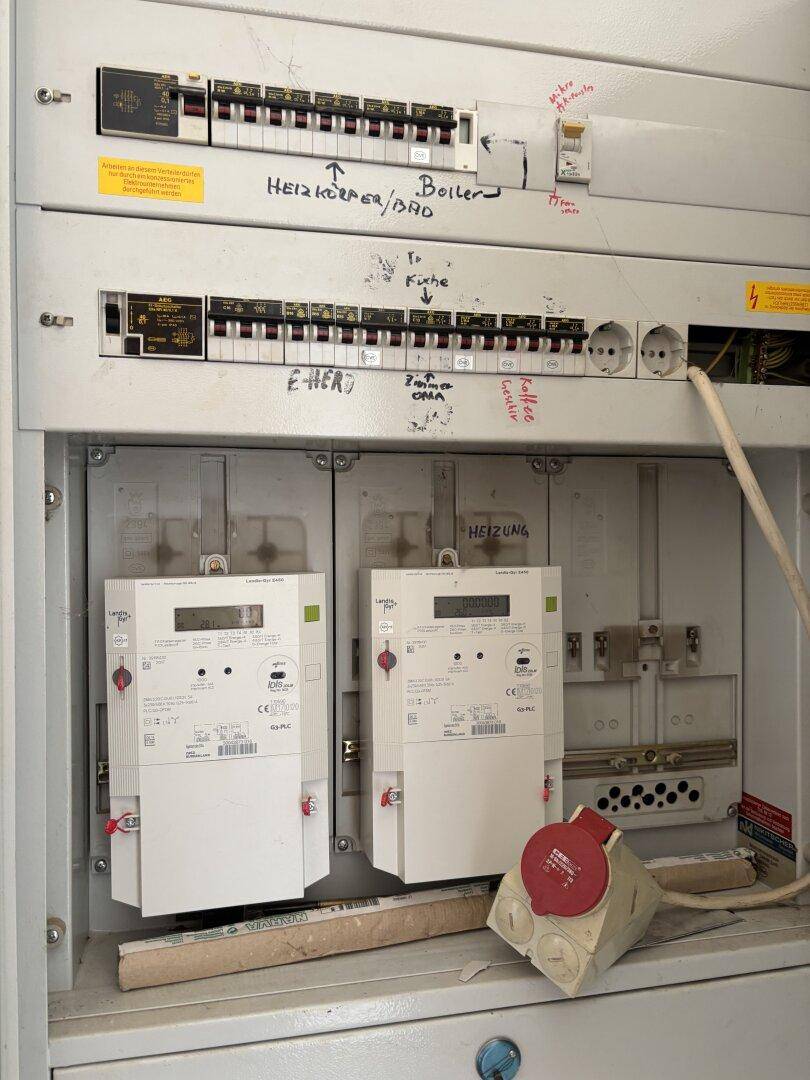 Elektrischer Sicherungskasten mit mehreren Zählern und Beschriftungen für verschiedene Stromkreise.