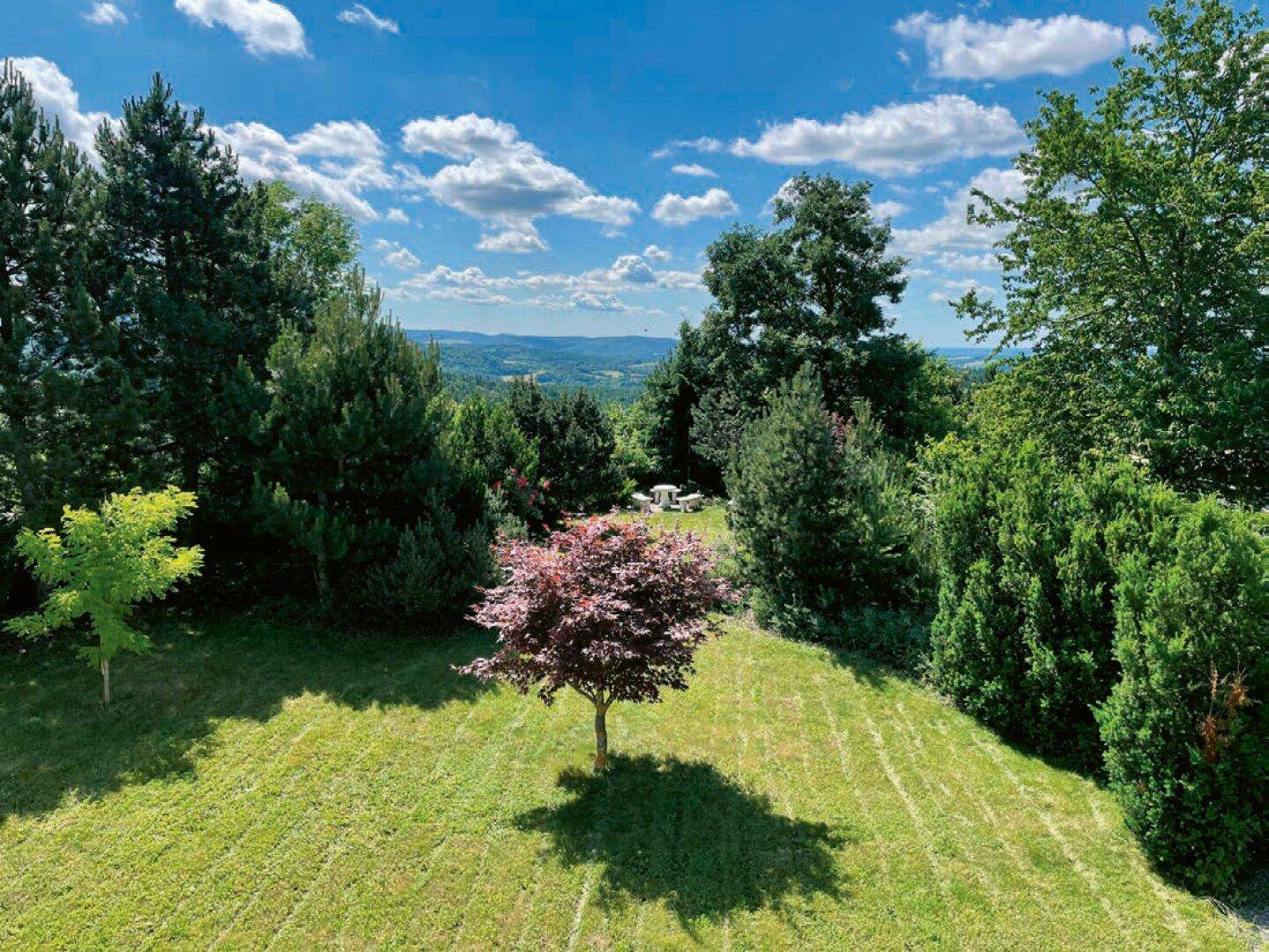 Weitläufiger Garten mit Bäumen, Rasenflächen und einem malerischen Fernblick.