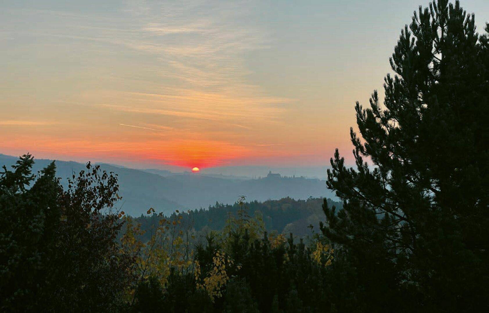 Atemberaubender Sonnenuntergang über einer hügeligen Waldlandschaft mit weitem Horizont.