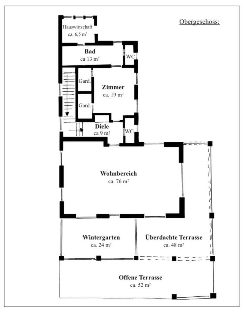 Grundriss des Obergeschosses mit Wohnbereich, Wintergarten und Terrassen.