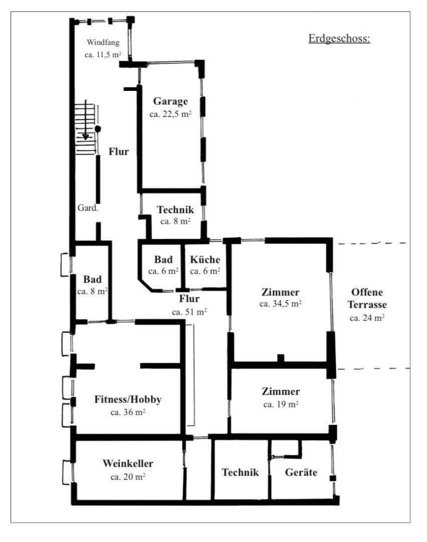 Grundriss des Erdgeschosses mit Garage, Fitnessraum und Weinkeller.