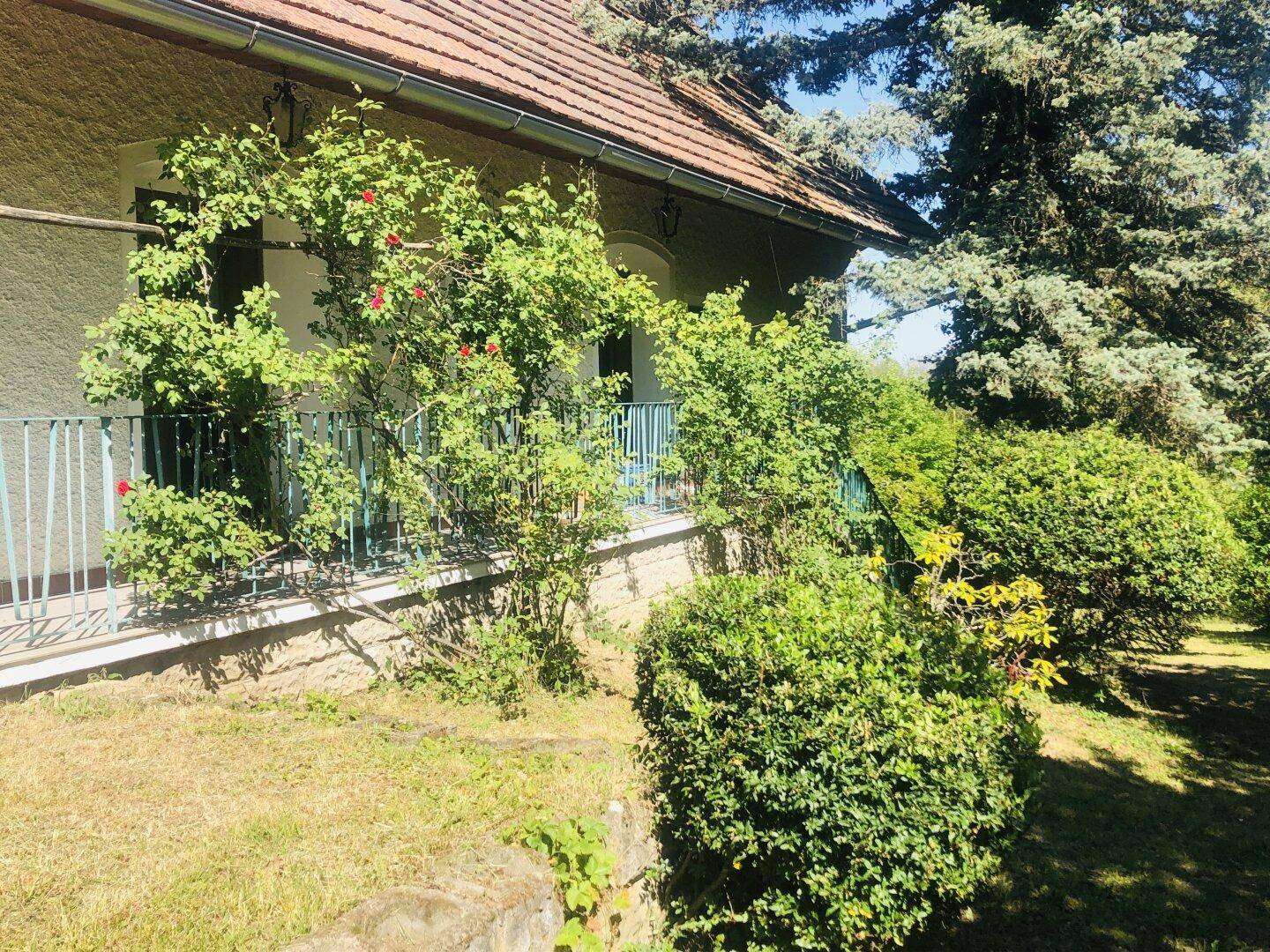Seitenansicht des Hauses mit Ziegeldach, Regenrinne und einem kleinen Zugangsbereich.