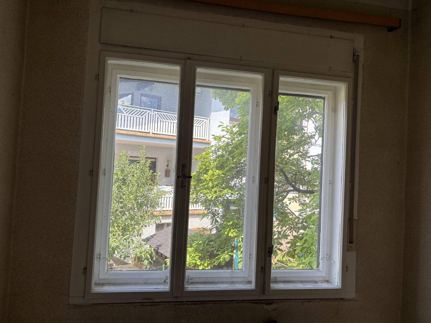 Fenster mit Blick auf die Nachbargebäude und Bäume, in einem renovierungsbedürftigen Raum.