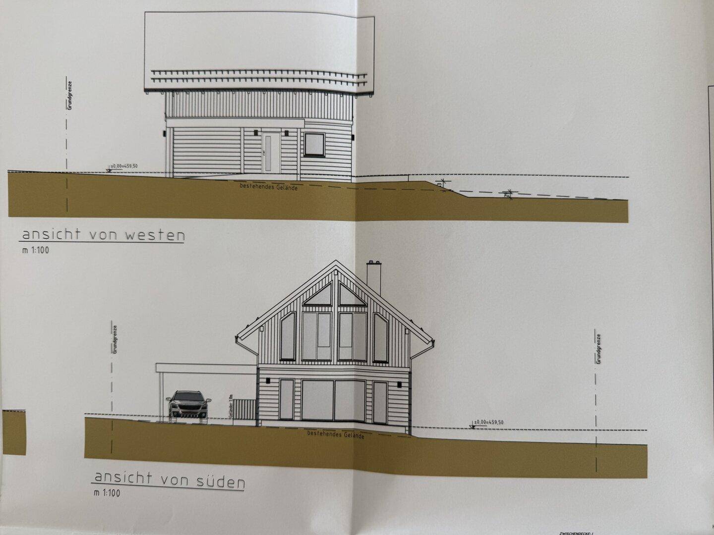 Architektonische Ansichten des Hauses von Westen und Süden mit großen Fenstern und Carport.