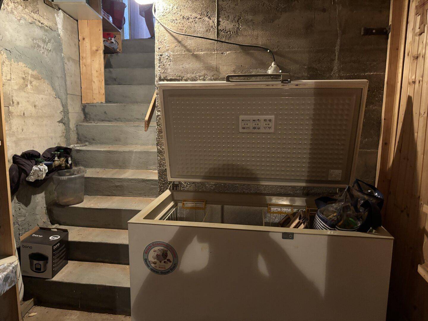 Truhengefrierschrank in einem rustikalen Kellerraum mit Betonwänden und einer Treppe.