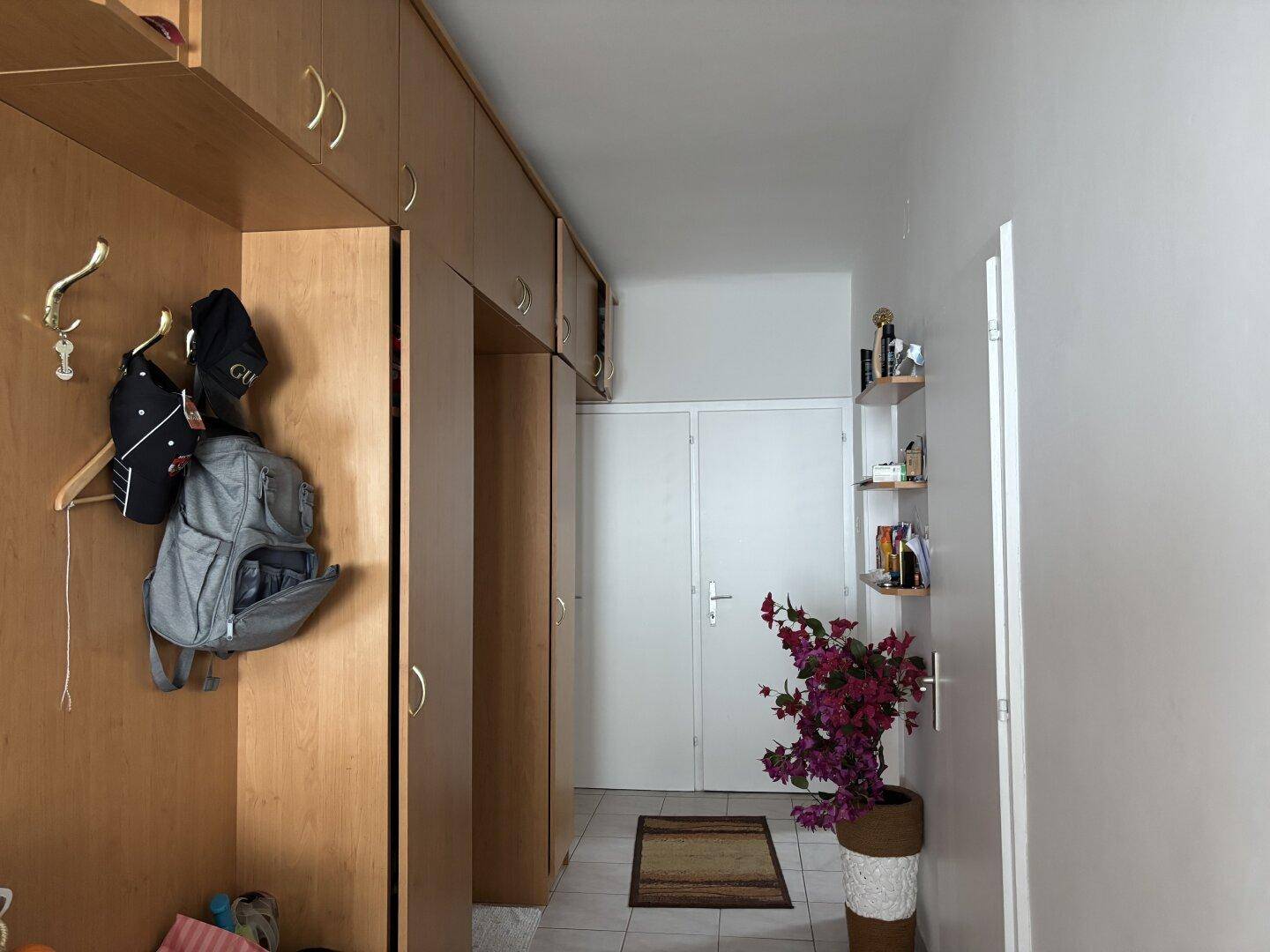 Flur mit Einbauschränken, Garderobe und dekorativer Pflanze.