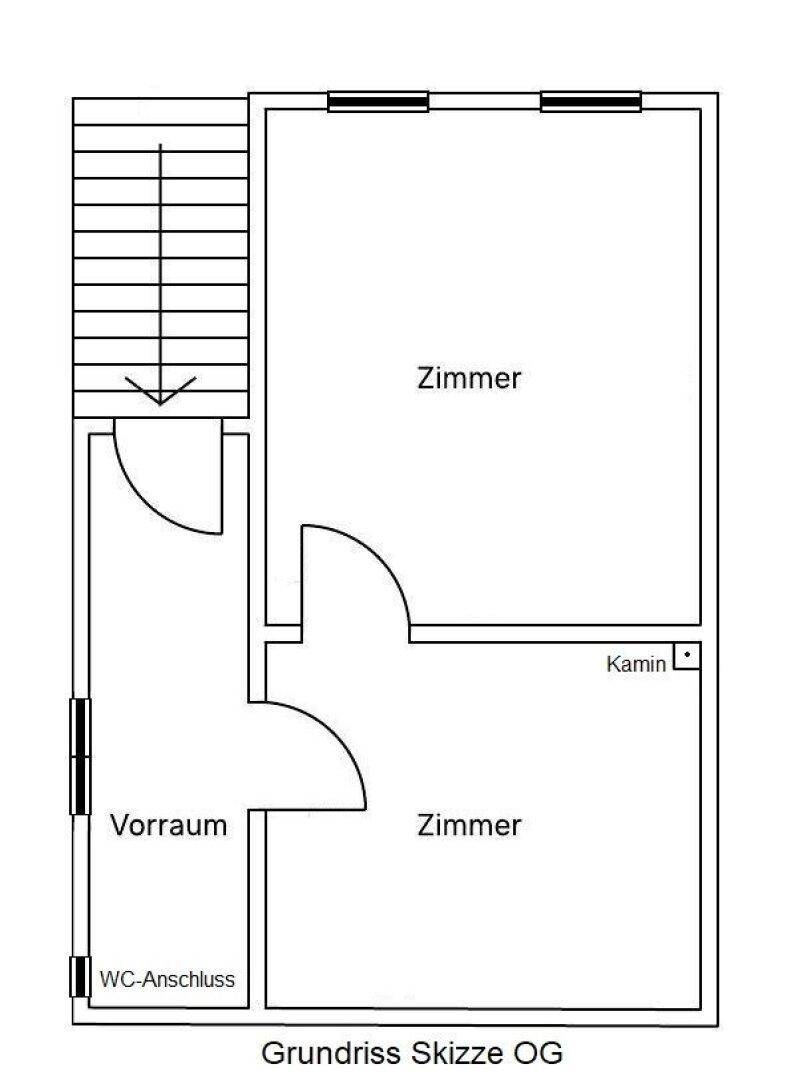 Grundriss Skizze des Obergeschosses mit zwei Zimmern, Vorraum und Kamin.