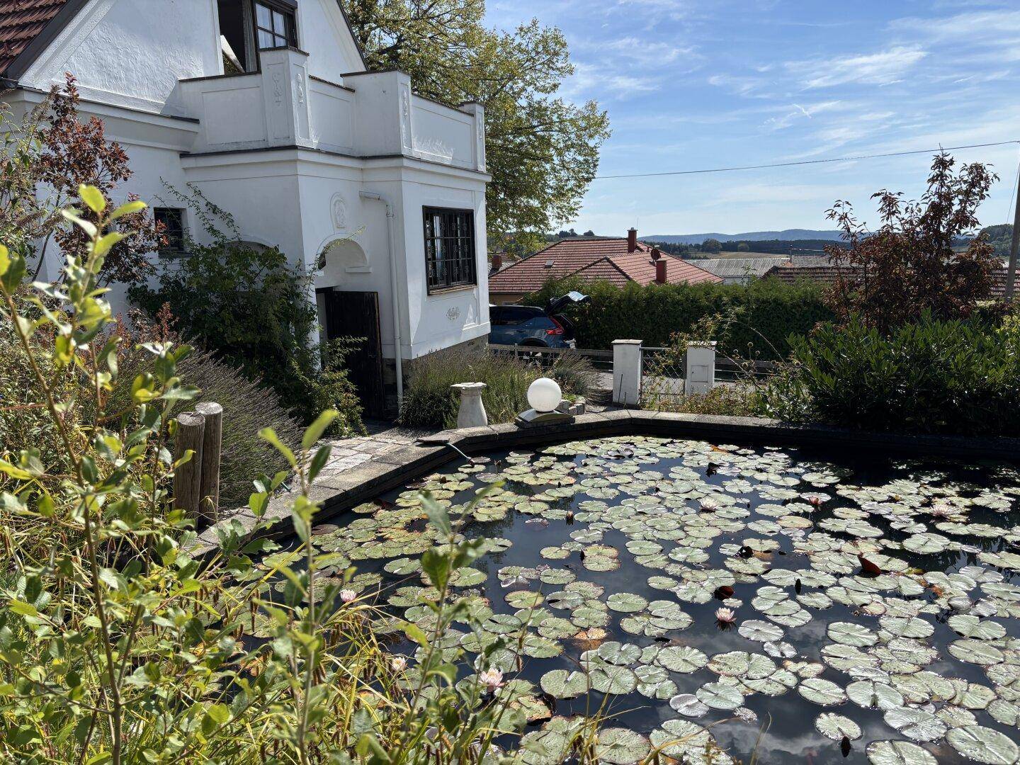 Idyllischer Gartenteich mit Seerosen neben dem charmanten Landhaus unter blauem Himmel.