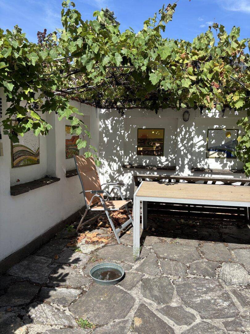 Gemütlicher Außenbereich mit Steinplatten, Esstisch und einer natürlichen Weinreben-Pergola.