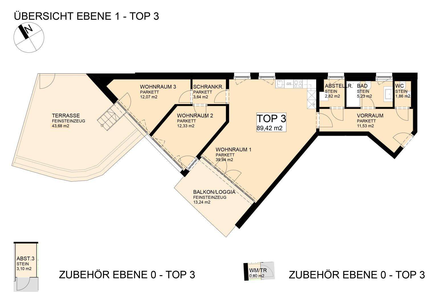 Grundriss der Wohnung Top 3 mit Terrasse, Balkonloggia und mehreren Wohnräumen.
