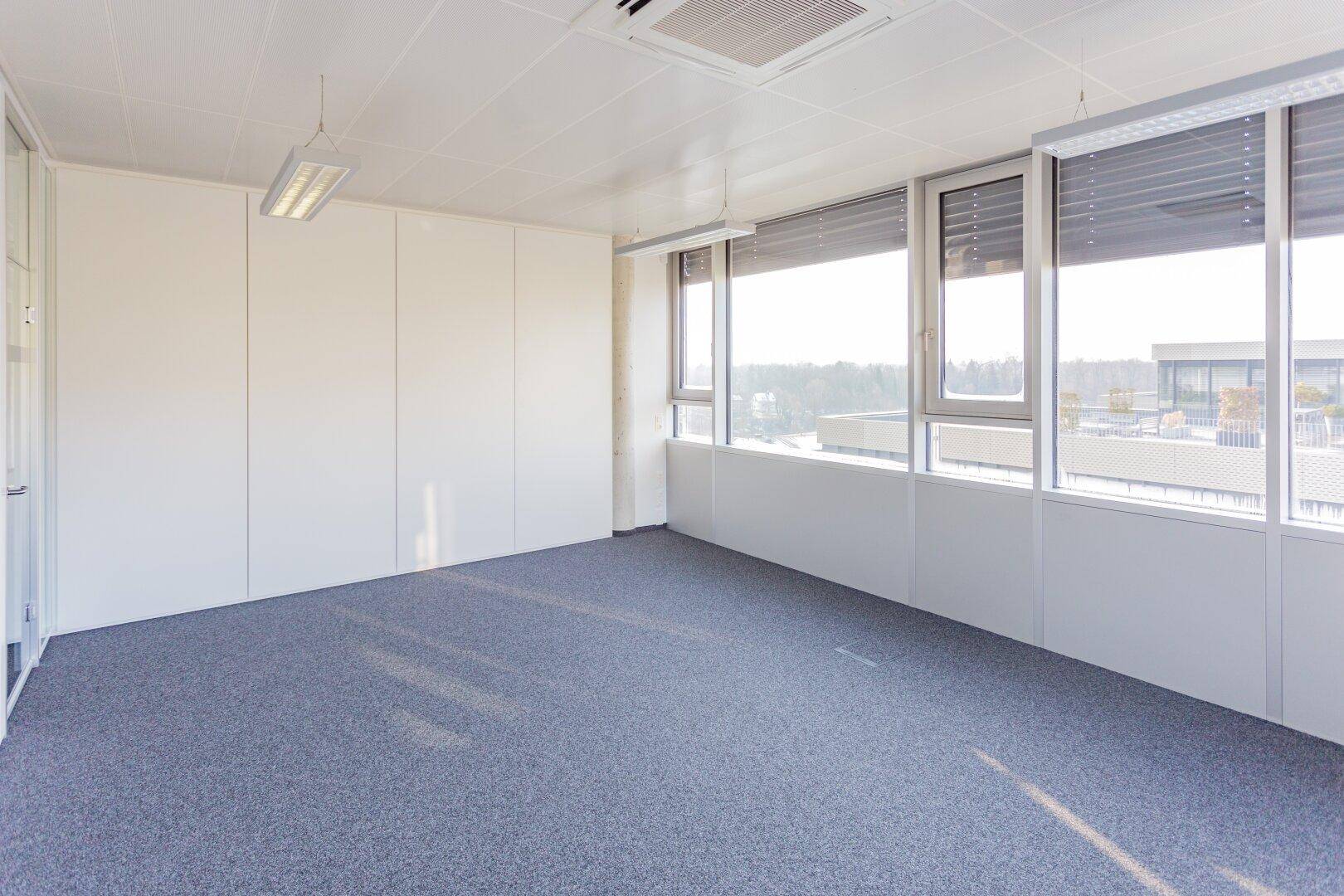 Helles, leeres Büro mit Teppichboden, großen Fenstern und Blick auf die Umgebung.