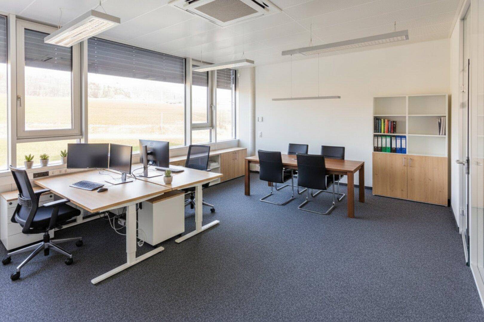 Funktionales Büro mit mehreren Arbeitsplätzen, einem Besprechungstisch und Blick ins Grüne.