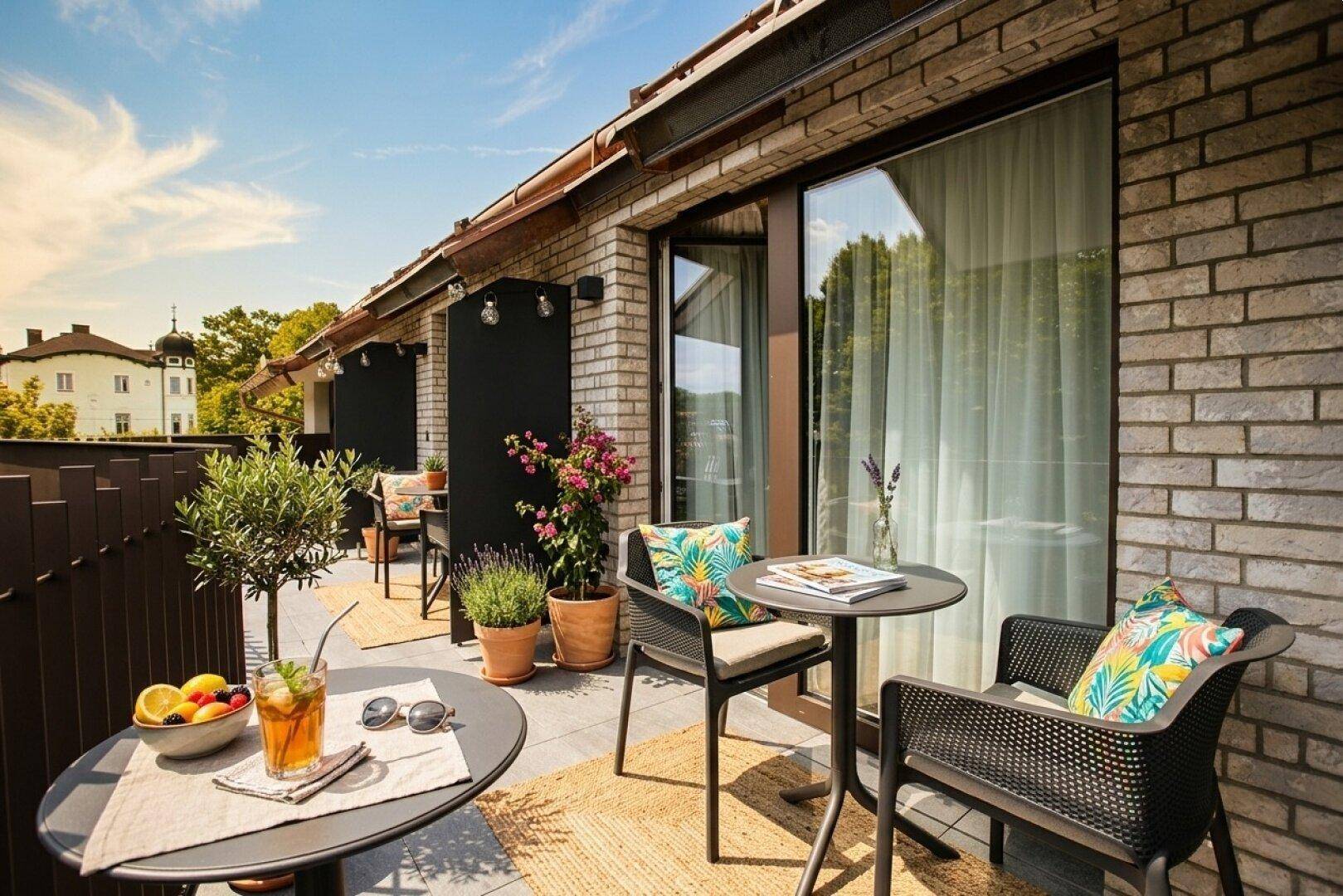 Sonniger Balkon mit Gartenmöbeln, Pflanzen und einer Ziegelfassade, ideal zum Entspannen im Freien.